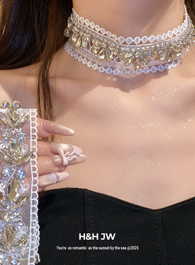 新款镶钻蕾丝花边简约时尚项链个性精致气质颈链轻奢高级感项饰女