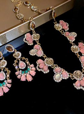 韩国新款镶钻花朵虎眼石水滴吊坠项链中古轻奢锁骨链气质百搭饰品