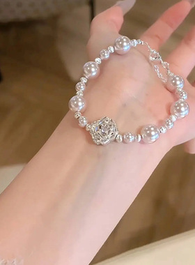韩国东大门珍珠串珠锆石花朵手链甜美简约手环时尚小众高级感手饰