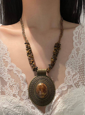 韩国新款串珠椭圆形吊坠项链民族风复古锁骨链轻奢高级感气质项饰