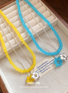 2026新款爆款彩色串珠花朵吊坠双层项链小众百搭气质叠戴锁骨链女