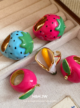 新款度假风滴油草莓戒指多巴胺甜美可爱时尚食指戒小众高级感手饰