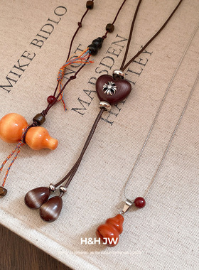 新款皮革石头葫芦吊坠项链新中式小众设计锁骨链秋冬复古百搭项饰