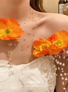 黄色花朵串珠流苏项链耳环女2026韩国新款度假风氛围感锁骨链颈链