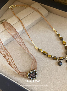 韩国东大门新款蕾丝爱心吊坠项链中古复古锁骨链轻奢高级感项饰女