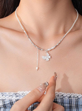 韩国新款珍珠串珠锆石蝴蝶吊坠项链时尚简约锁骨链个性高级感饰品