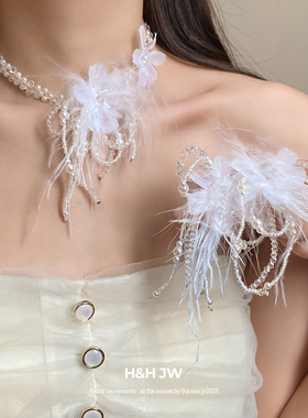 新款超仙白色羽毛花朵珍珠项链耳环套装气质锁骨链轻奢高级感饰品
