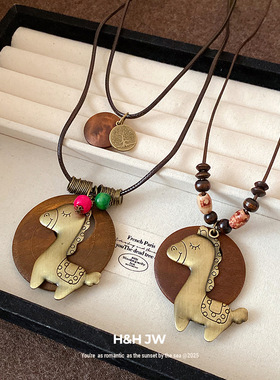 韩国新款双层木头小马吊坠项链民族风复古锁骨链小众简约时尚项饰