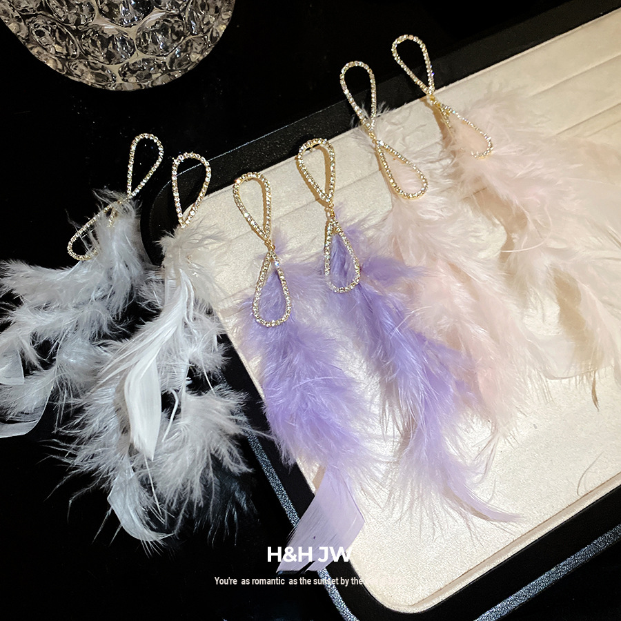 韩国东大门镶钻羽毛流苏耳环超仙时尚甜美气质耳钉小众高级感耳饰