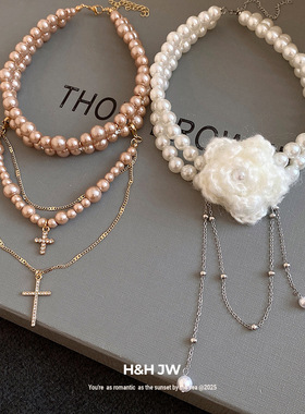 新款珍珠串珠针织花朵项链法式复古宫廷风锁骨链轻奢高级感项饰女