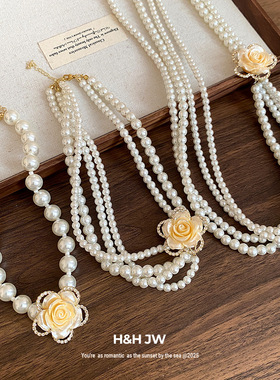 新款镶钻珍珠串珠花朵项链法式复古宫廷风锁骨链轻奢高级感项饰女