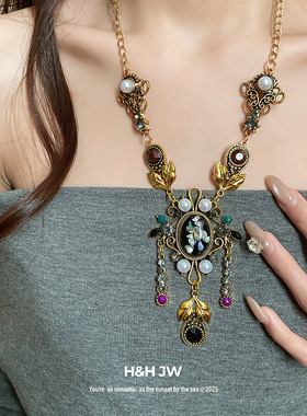 韩国东大门镶钻珍珠贝壳椭圆形吊坠项链中古锁骨链轻奢高级感项饰