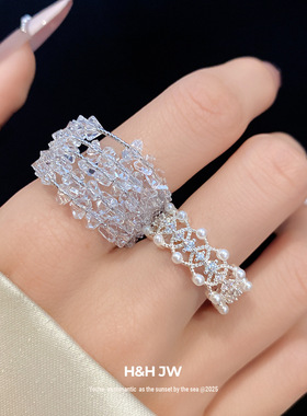 新款锆石珍珠镂空开口戒指欧美复古简约时尚食指戒轻奢高级感手饰