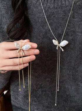 韩国新款镶钻蝴蝶吊坠项链时尚简约百搭锁骨链小众高级感个性饰品