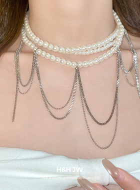 新款三层珍珠串珠链条流苏项链简约时尚choker颈链轻奢高级感项饰