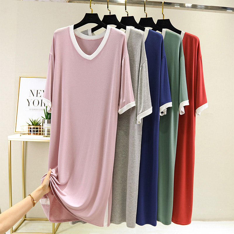 3莫代尔睡裙女2021年新款夏短袖连衣裙大码宽松可外穿孕妇睡衣裙薄