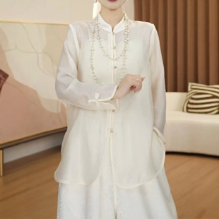 琉璃新中式薄纱衬衫气质飘逸国风立领盘扣纱衣E春夏新款简约透气