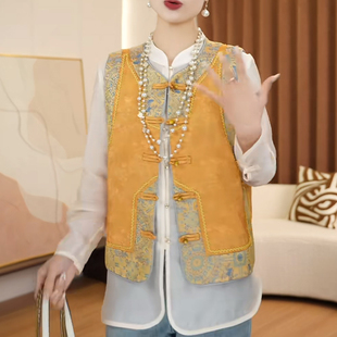 新中式春款气质国风这个刺绣马甲R拼接款缎面百搭圆领女上衣汉服