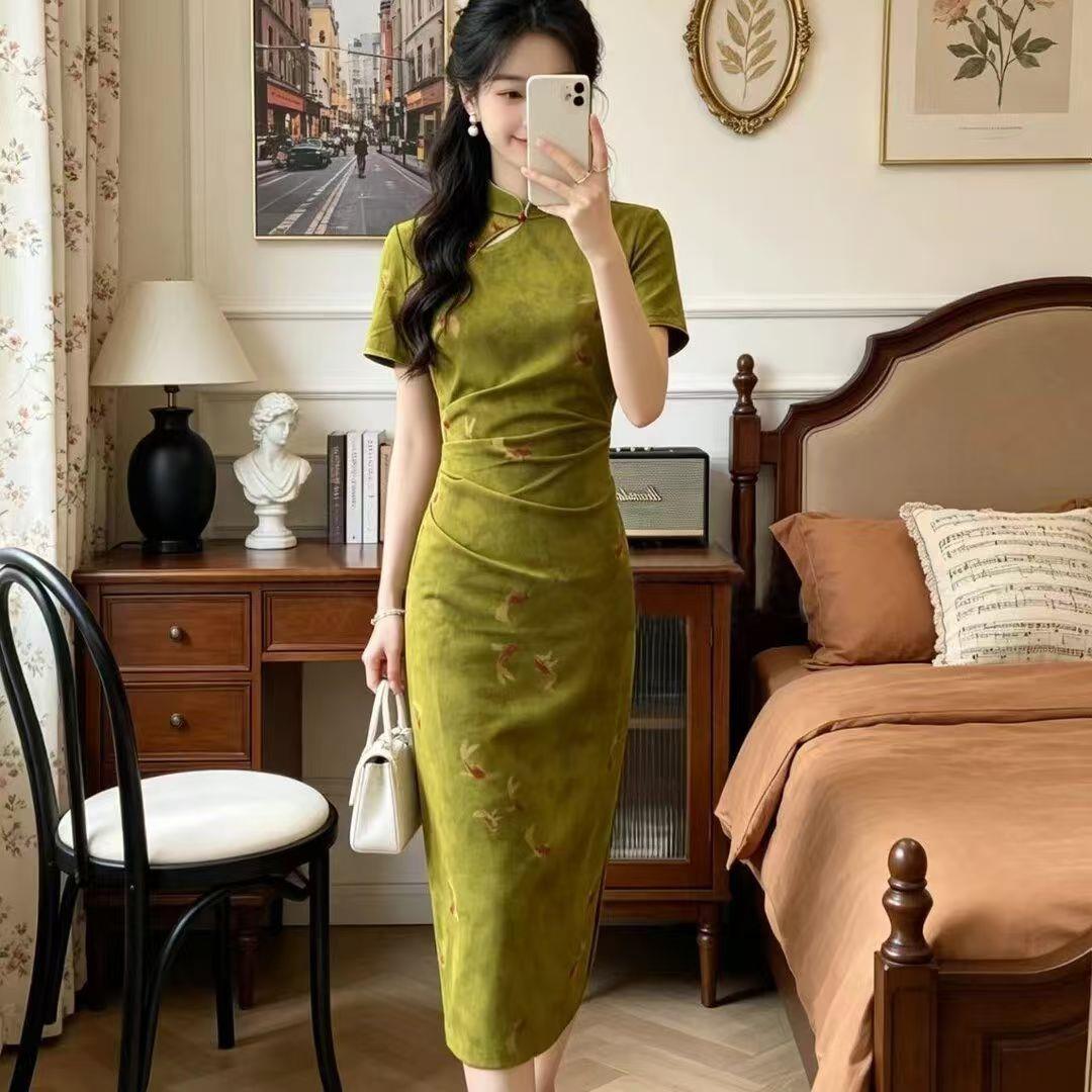 复古风改良旗袍女夏绿色短袖中长旗袍