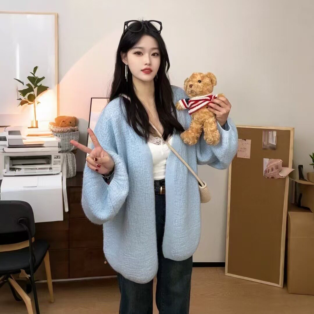 春秋慵懒风针织外搭无扣开衫女粗针设计感洋气灯笼袖外穿外套