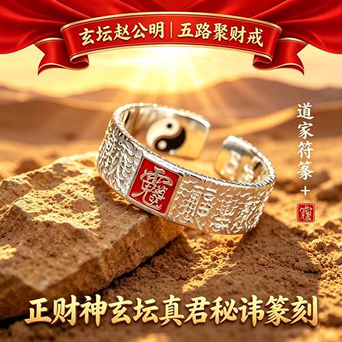 道家五路财神山鬼戒指赵公明时来运转五帝钱饰品男女复古礼物