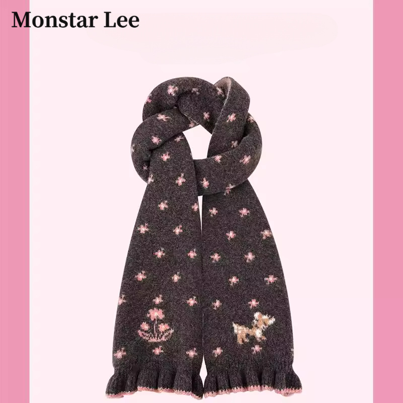 Monstar Lee2025新款提花针织围巾女秋冬季学院风保暖花边围脖潮