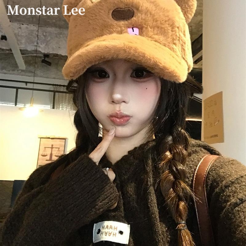 Monstar Lee可爱卡通帽子女秋冬显脸小毛绒保暖防寒鸭舌帽