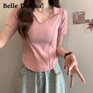 修身 polo領(lǐng)粉色正肩短袖 新款 小個(gè)子短款 t恤女2025夏季 甜辣妹上衣