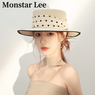 Monstar 波點平頂草帽女夏海邊度假沙灘帽子遮陽防曬禮帽 Lee法式