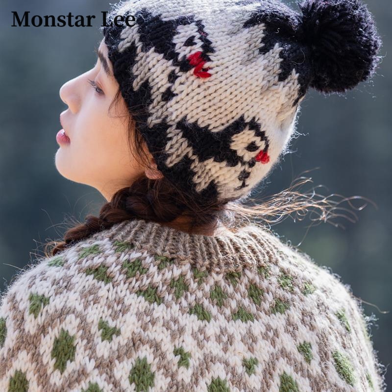 Monstar Lee手工羊毛帽子海鹦鹉黑色童趣厚实保暖护耳粗棒针编织