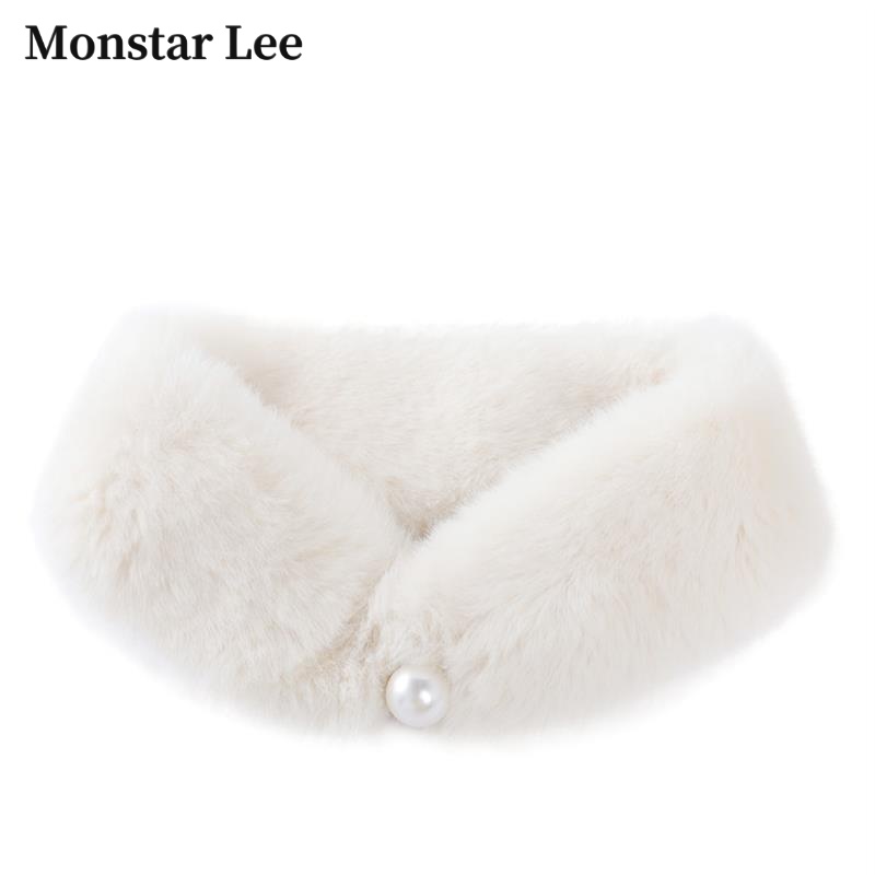 Monstar Lee2025新款国风毛领围巾小围脖保暖女彷珍珠扣个性小众