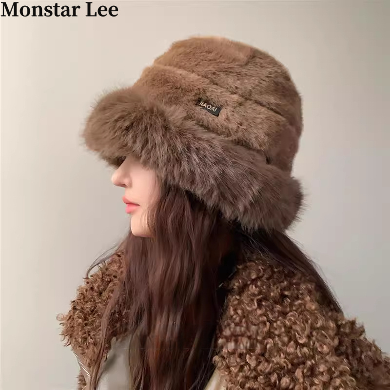 Monstar Lee渔夫帽女冬季新款毛绒帽子防寒户外显脸小盆帽大头围