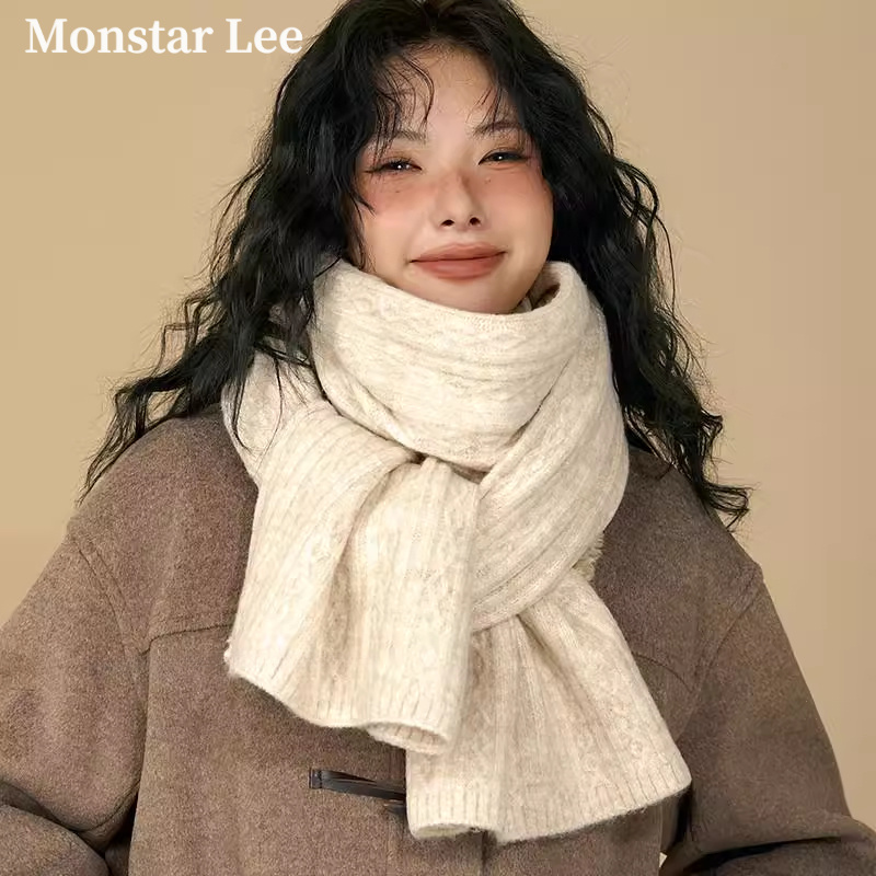 Monstar Lee米白色纯色围巾女冬季复古保暖加厚针织毛线围脖男