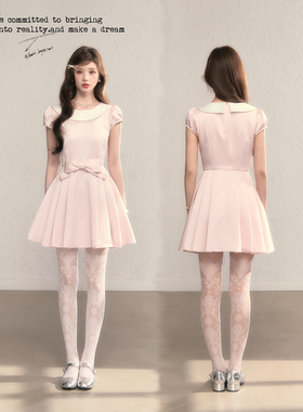 BB BLUE/粉雾千金法式赫本连衣裙气质收腰公主裙缎面蝴蝶结小礼裙