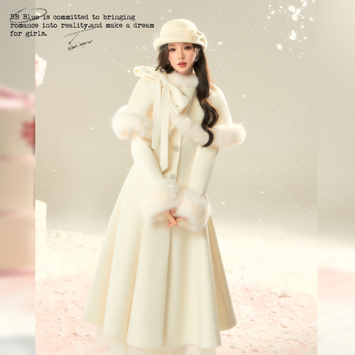 BBBLUE/冰雪秘境/冬日保暖气质千金赫本风长款收腰斗篷毛呢外套女