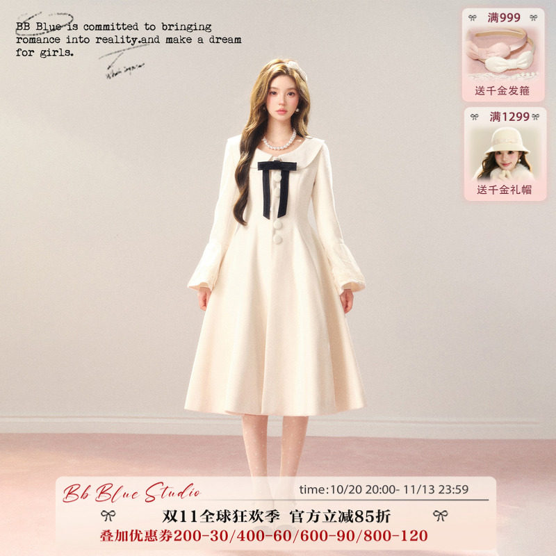 BBBLUE原创设计9.16上新/凛冬恋歌/法式收腰大摆奶白中长款大衣