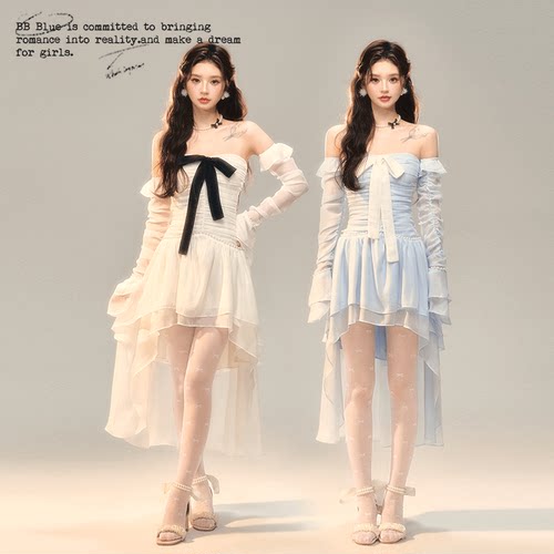 BB BLUE/海岛听风一字肩修身显瘦连衣裙蝴蝶结浅春系氛围感拖尾裙