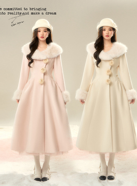 BBBLUE/公主旧梦/大毛领赫本风大摆千金少女感长款显瘦收腰呢大衣