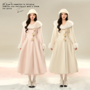 BBBLUE/公主旧梦/大毛领赫本风大摆千金少女感长款显瘦收腰呢大衣