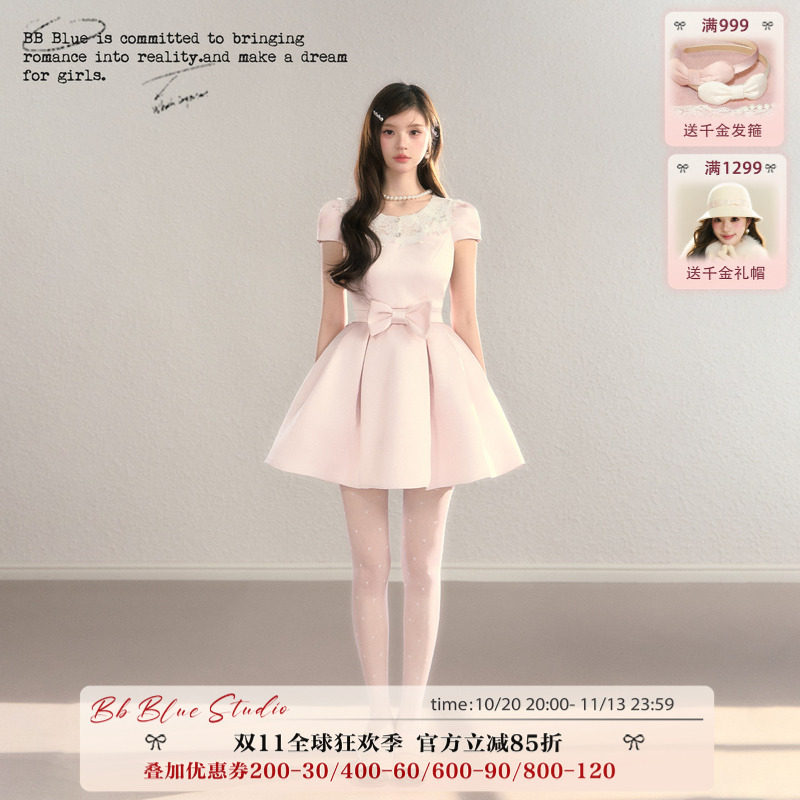 BBBLUE/蕾丝公主/缎面重工高级感蕾丝刺绣蝴蝶结A字礼服连衣裙女