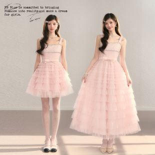 BBBLUE/粉梦芭蕾/粉色网纱甜美法式蕾丝蛋糕裙摆高腰长短款公主裙
