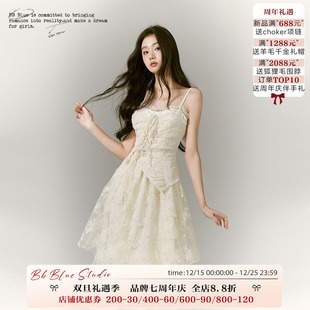 抹胸连衣裙小众party轻礼服蕾丝罩裙子套装 法式 原创设计 BLUE