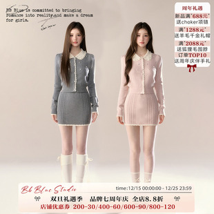 秋日ootd穿搭高级感巨好看精致羊毛针织套装 灰屿之樱 女 BLUE