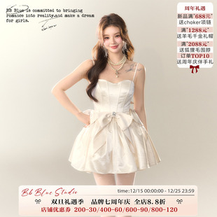 精致蝴蝶结高级感缎面法式 宝石公主 小礼服吊带蓬蓬裙夏 BLUE