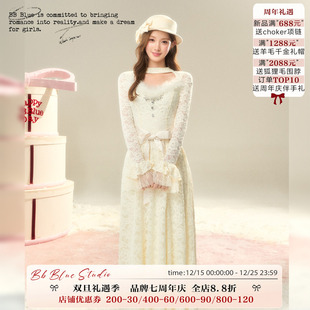 蕾丝芭蕾纯欲千金风蓬松蛋糕大裙摆连衣裙女 法式 BBBLUE 雪绒蕾丝