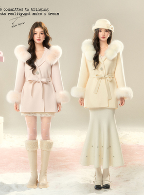 BB BLUE/初雪妲己/连帽系带狐狸毛领100全羊毛收腰显瘦双面呢大衣