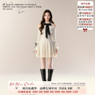 小资长袖 早秋特别漂亮掐腰露肩针织法式 温柔法则 连衣裙 BLUE