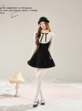 BB BLUE/爱丽丝/法式针织蕾丝秋冬新款赫本掐腰千金风毛呢连衣裙