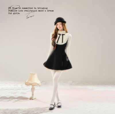 BB BLUE/爱丽丝/法式针织蕾丝秋冬新款赫本掐腰千金风毛呢连衣裙