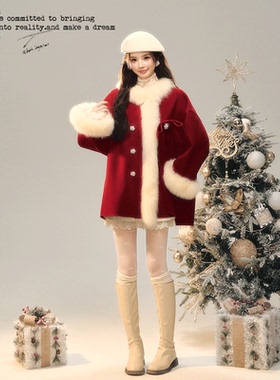 BB BLUE 原创设计 雪国千金真狐狸毛羊毛 双面呢氛围感新年战袍